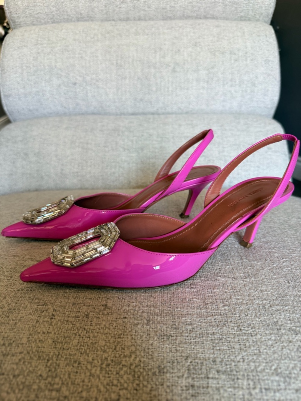 Amina Muaddi Hot Pink Patent Slingback Pumps with Crystal Octagon - Picture 3 of 6